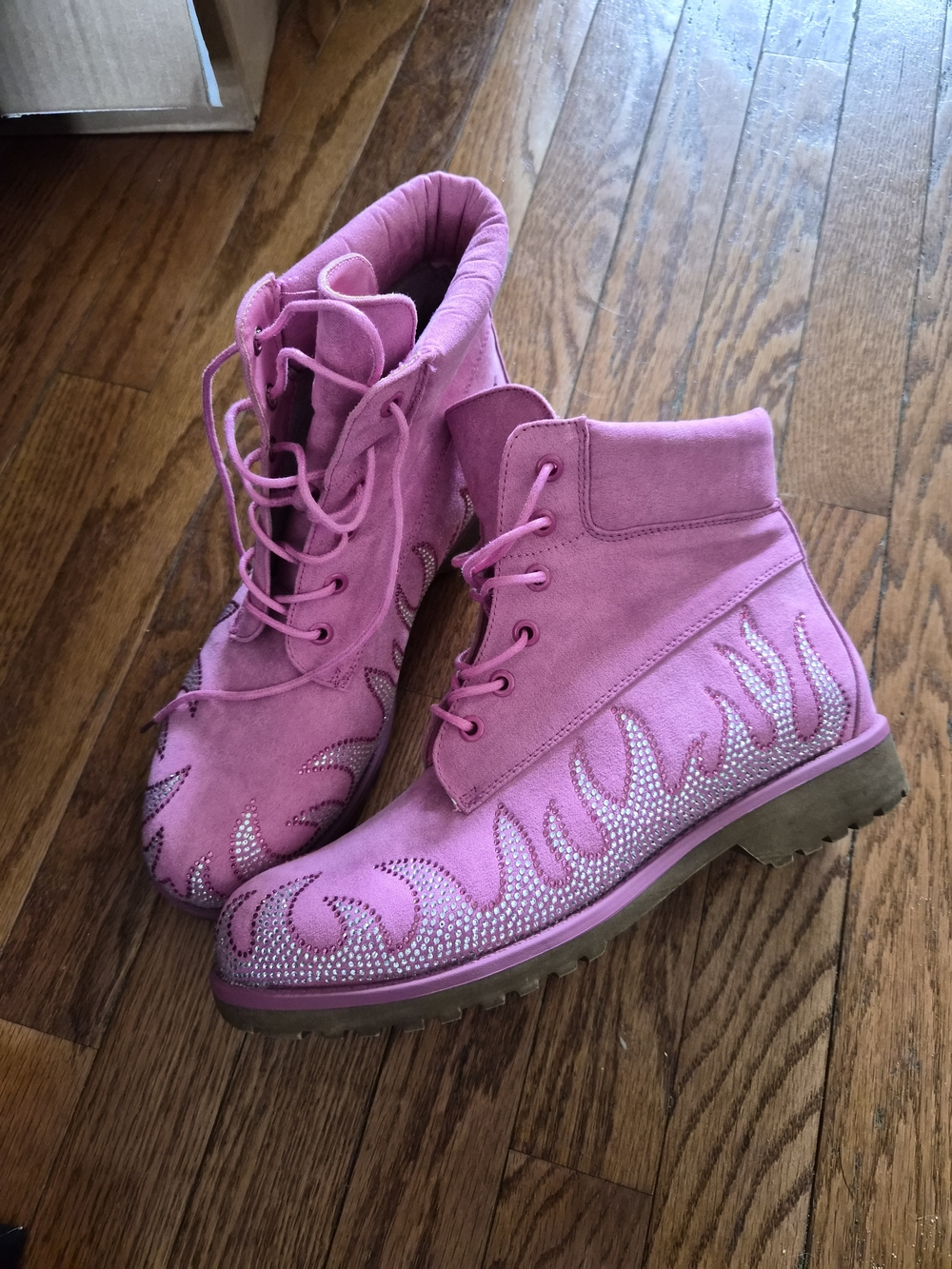 Cape Robbin Pink Suede Lace-Up Ankle Boots with Rhinestone Flame Detail